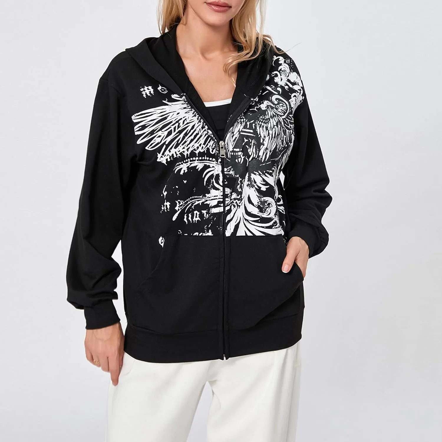 Women Vintage Oversized Long Sleeve Skeleton Printed Sweatshirt Zip Up Goth Hoodie Y2k Aesthetic Jacket Streetwear