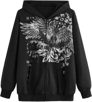 Women Vintage Oversized Long Sleeve Skeleton Printed Sweatshirt Zip Up Goth Hoodie Y2k Aesthetic Jacket Streetwear