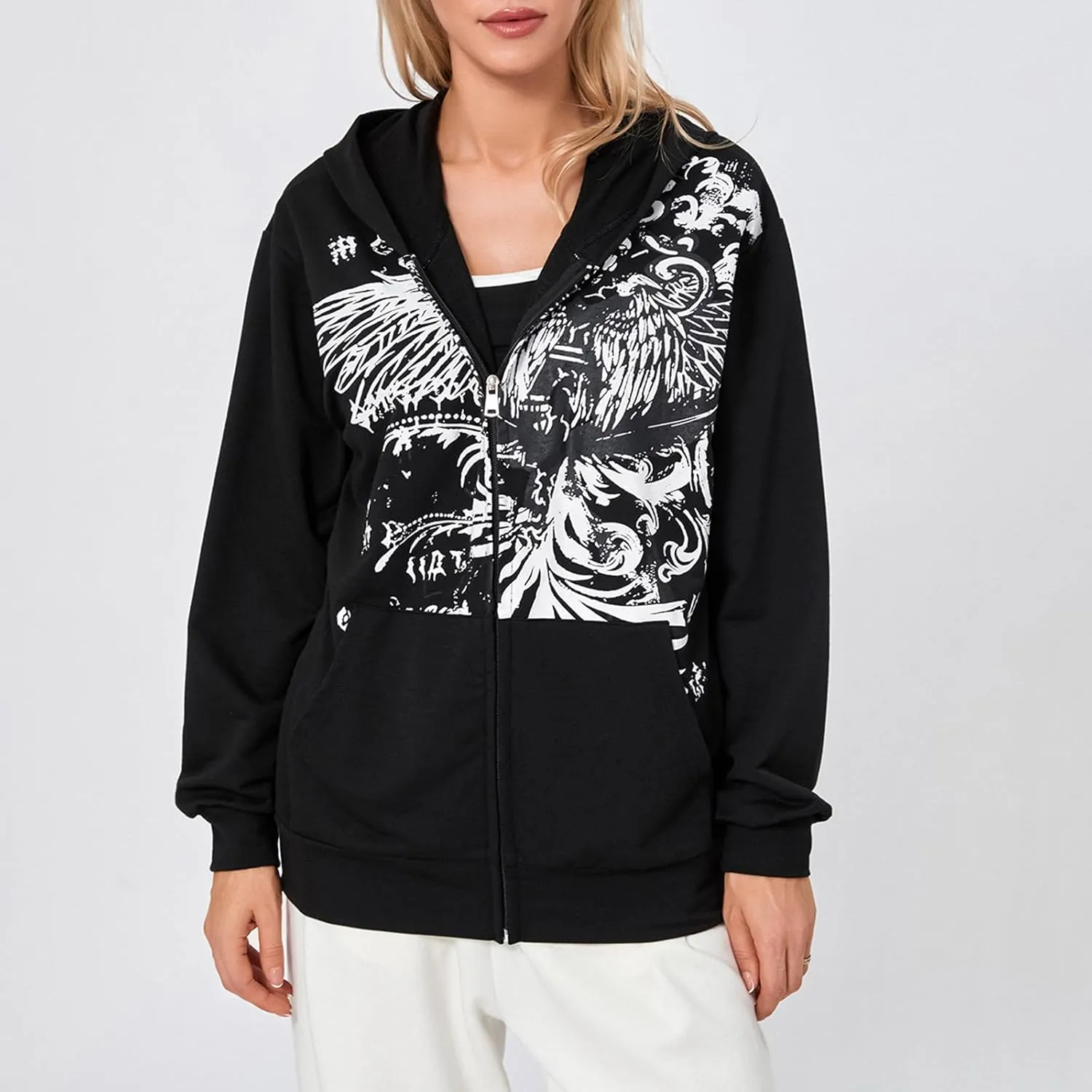 Women Vintage Oversized Long Sleeve Skeleton Printed Sweatshirt Zip Up Goth Hoodie Y2k Aesthetic Jacket Streetwear