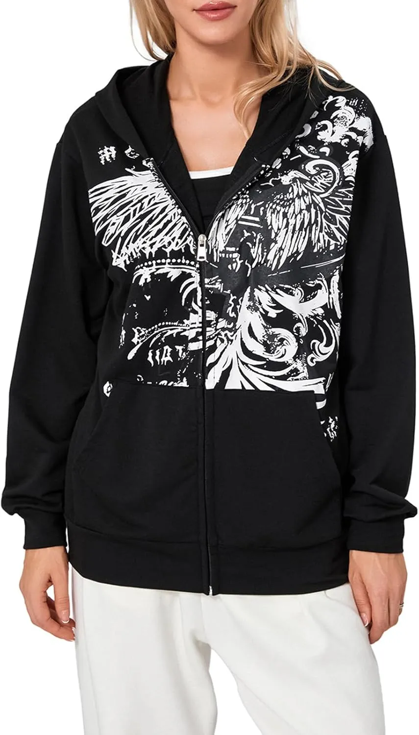 Women Vintage Oversized Long Sleeve Skeleton Printed Sweatshirt Zip Up Goth Hoodie Y2k Aesthetic Jacket Streetwear