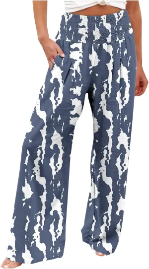 Women Wide Leg Linen Pants Boho Beach Print High Waisted Summer Casual Cotton Linen Pant Palazzo Trouser with Pockets