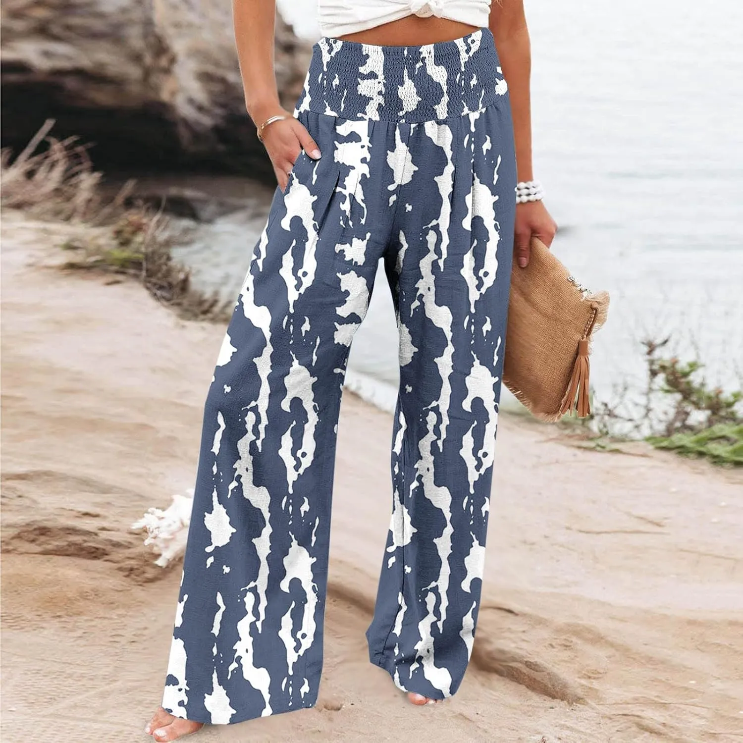 Women Wide Leg Linen Pants Boho Beach Print High Waisted Summer Casual Cotton Linen Pant Palazzo Trouser with Pockets