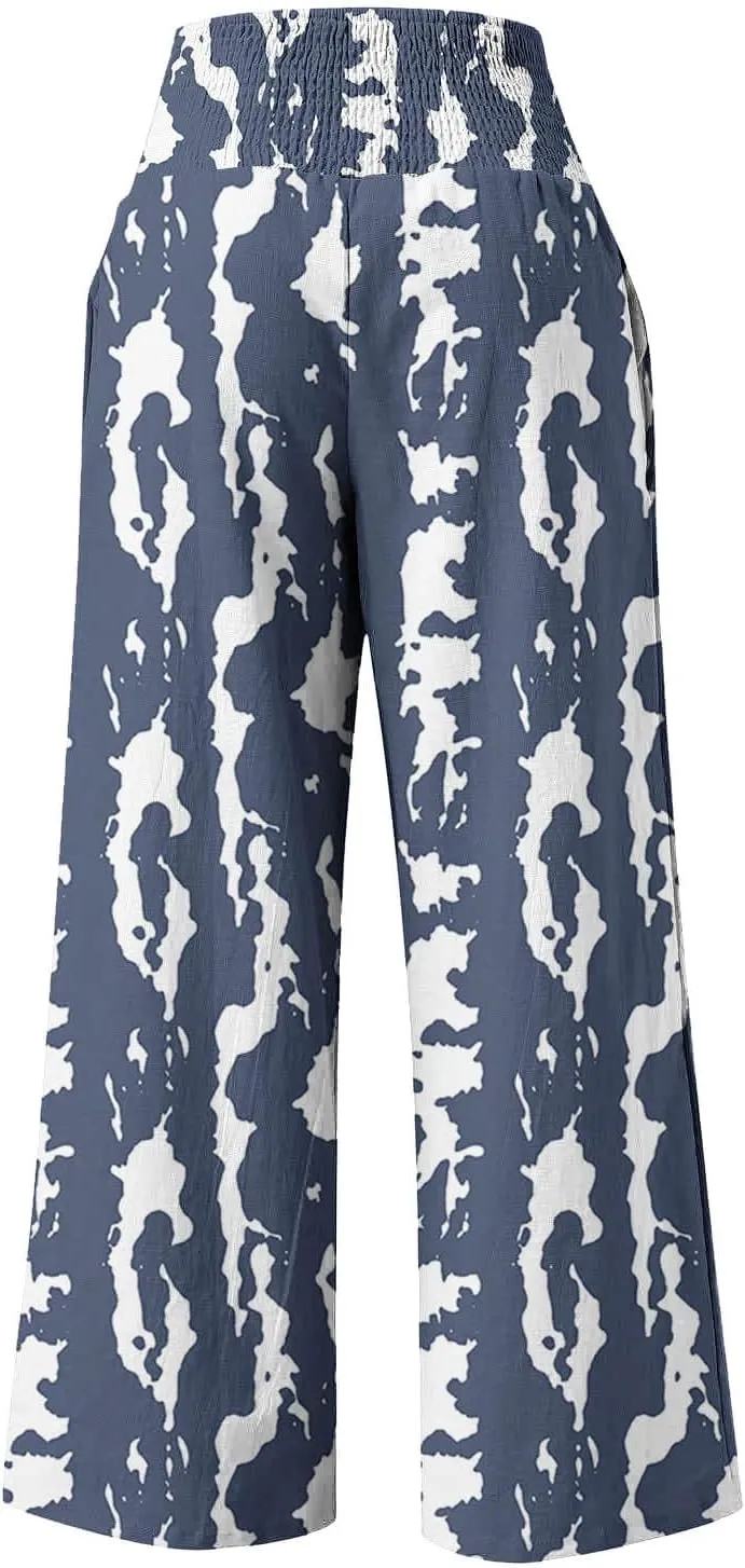 Women Wide Leg Linen Pants Boho Beach Print High Waisted Summer Casual Cotton Linen Pant Palazzo Trouser with Pockets