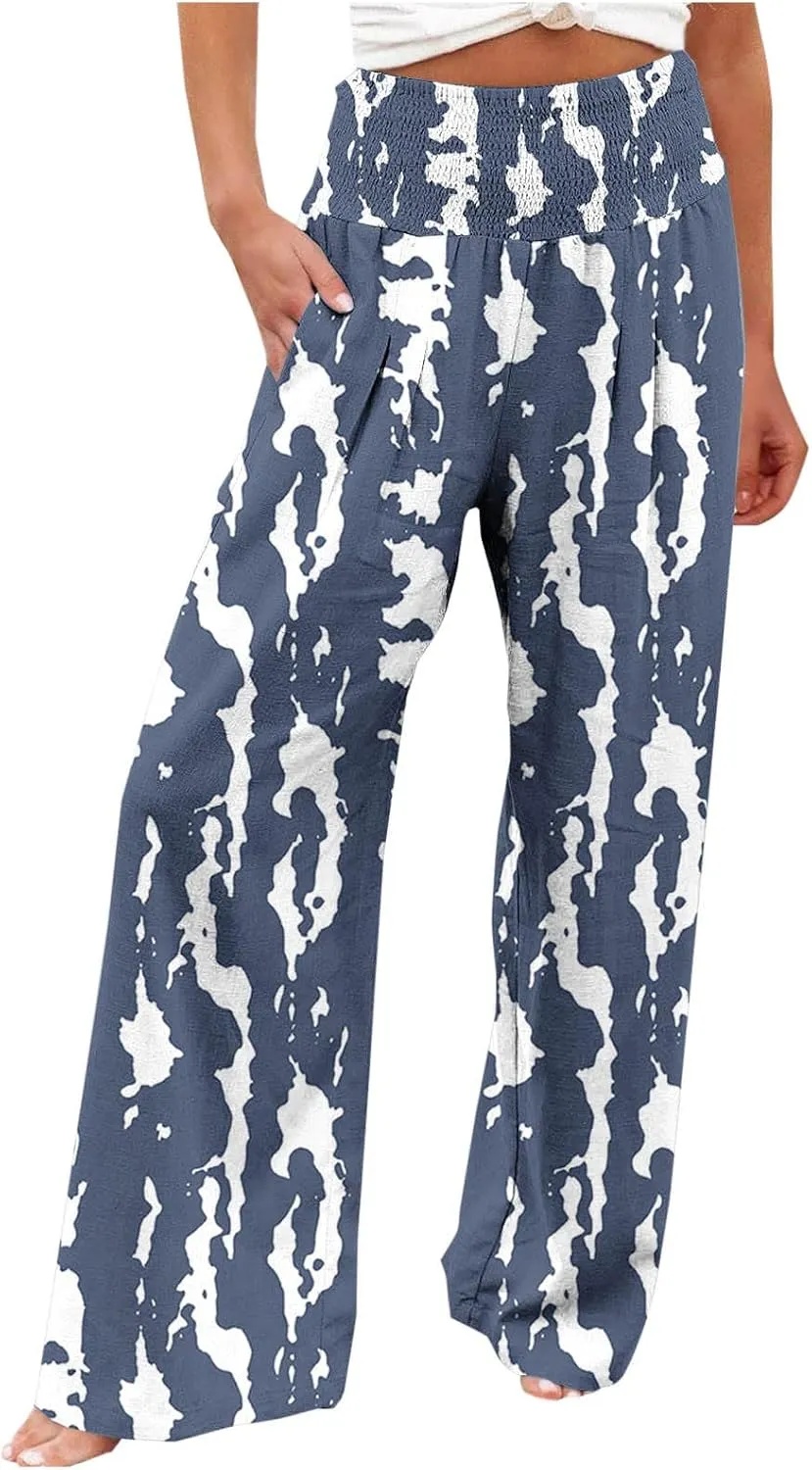 Women Wide Leg Linen Pants Boho Beach Print High Waisted Summer Casual Cotton Linen Pant Palazzo Trouser with Pockets