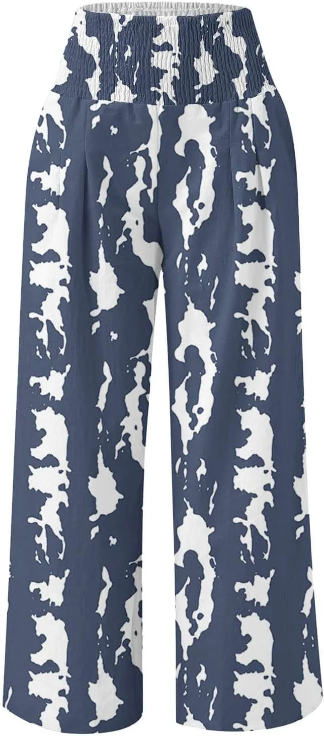 Women Wide Leg Linen Pants Boho Beach Print High Waisted Summer Casual Cotton Linen Pant Palazzo Trouser with Pockets
