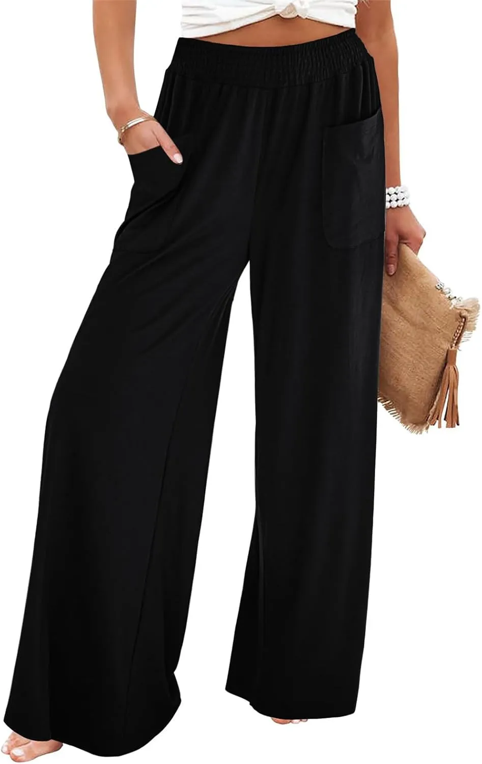 Women Wide Leg Palazzo Pants Casual Elastic High Waist Trousers Flowy Lounge Slacks with Pockets Summer Beach Outfits