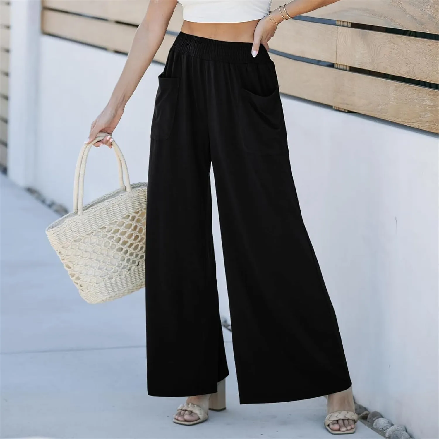 Women Wide Leg Palazzo Pants Casual Elastic High Waist Trousers Flowy Lounge Slacks with Pockets Summer Beach Outfits