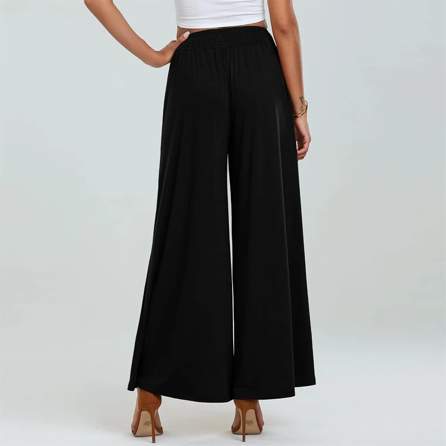 Women Wide Leg Palazzo Pants Casual Elastic High Waist Trousers Flowy Lounge Slacks with Pockets Summer Beach Outfits
