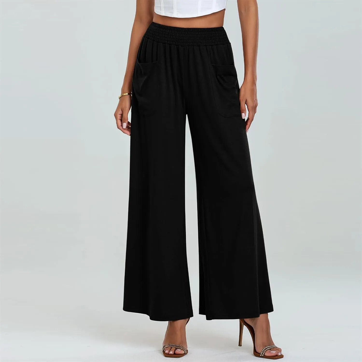 Women Wide Leg Palazzo Pants Casual Elastic High Waist Trousers Flowy Lounge Slacks with Pockets Summer Beach Outfits