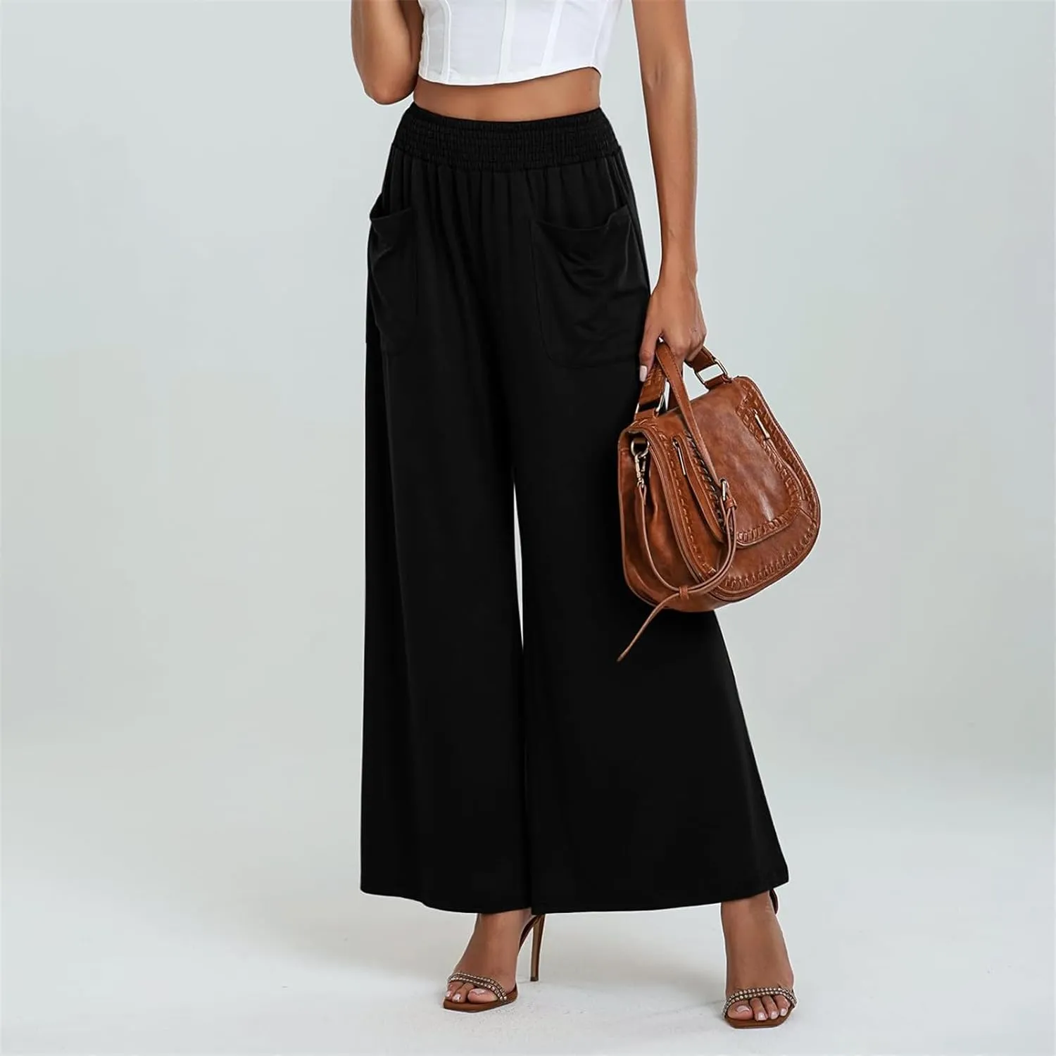 Women Wide Leg Palazzo Pants Casual Elastic High Waist Trousers Flowy Lounge Slacks with Pockets Summer Beach Outfits