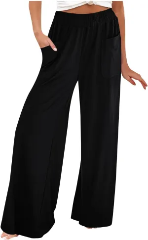 Women Wide Leg Palazzo Pants Casual Elastic High Waist Trousers Flowy Lounge Slacks with Pockets Summer Beach Outfits