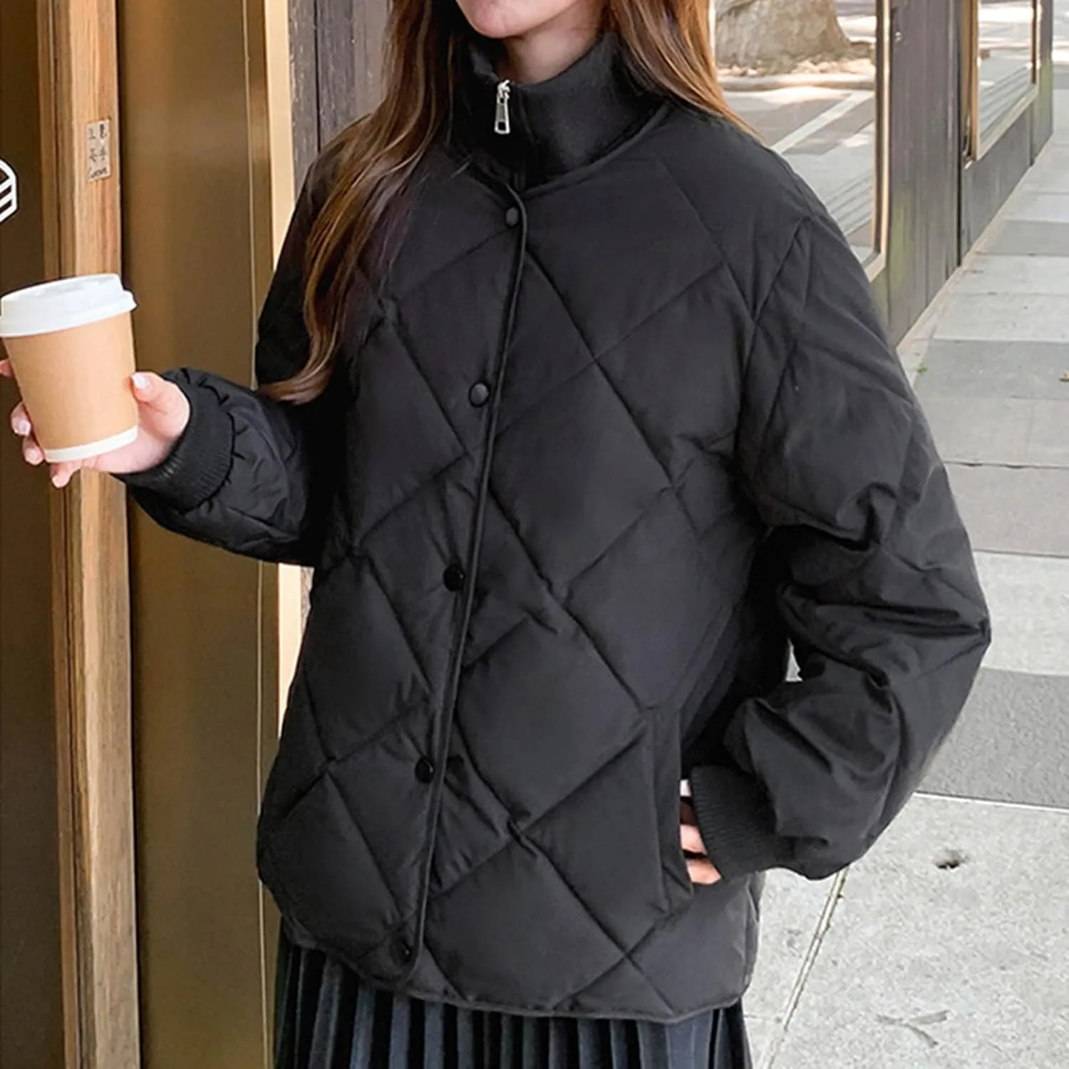 Women Winter Lightweight down Jacket Diamond Lattice Cotton-Padded Warm Packable Coats Ladies Casual Oversized Jacket