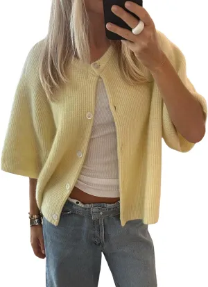 Women Y2K Knit Cardigan Short Sleeve Crewneck Solid Color Button Down Tops Casual Going Out Sweater Streetwear