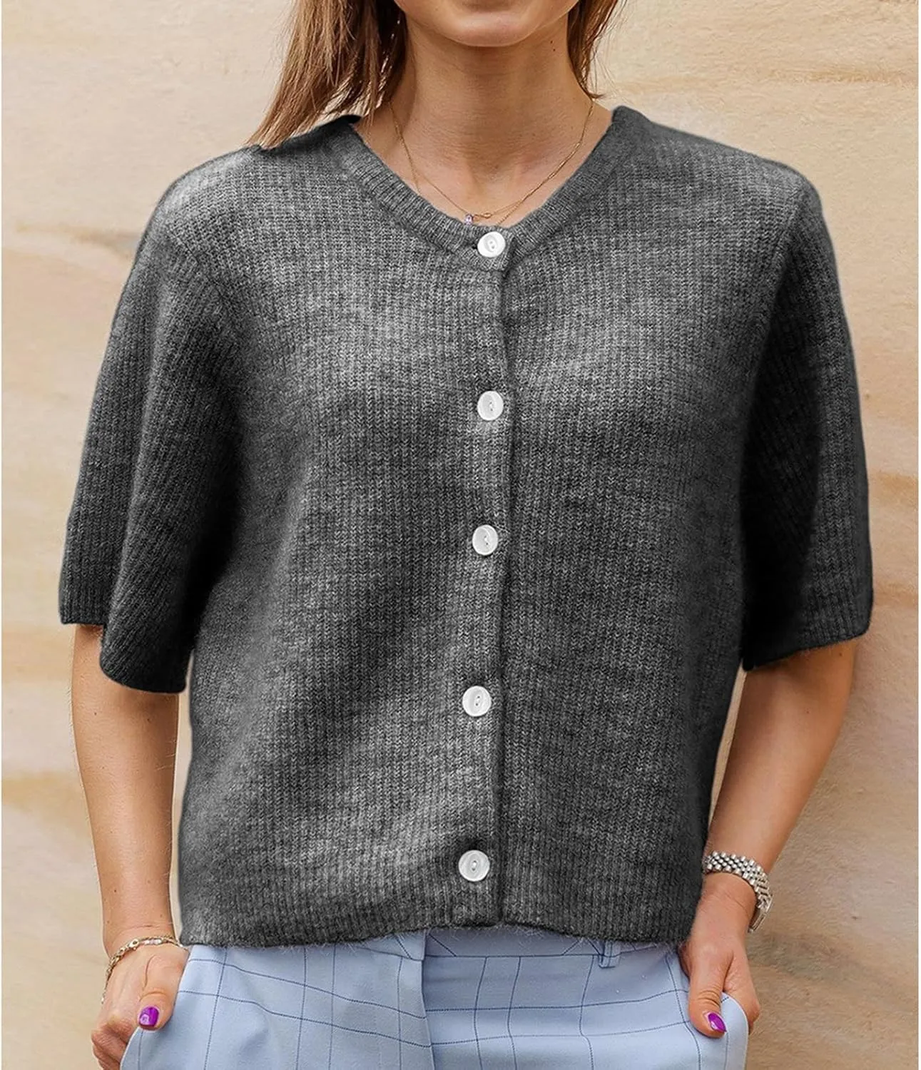 Women Y2K Knit Cardigan Short Sleeve Crewneck Solid Color Button Down Tops Casual Going Out Sweater Streetwear