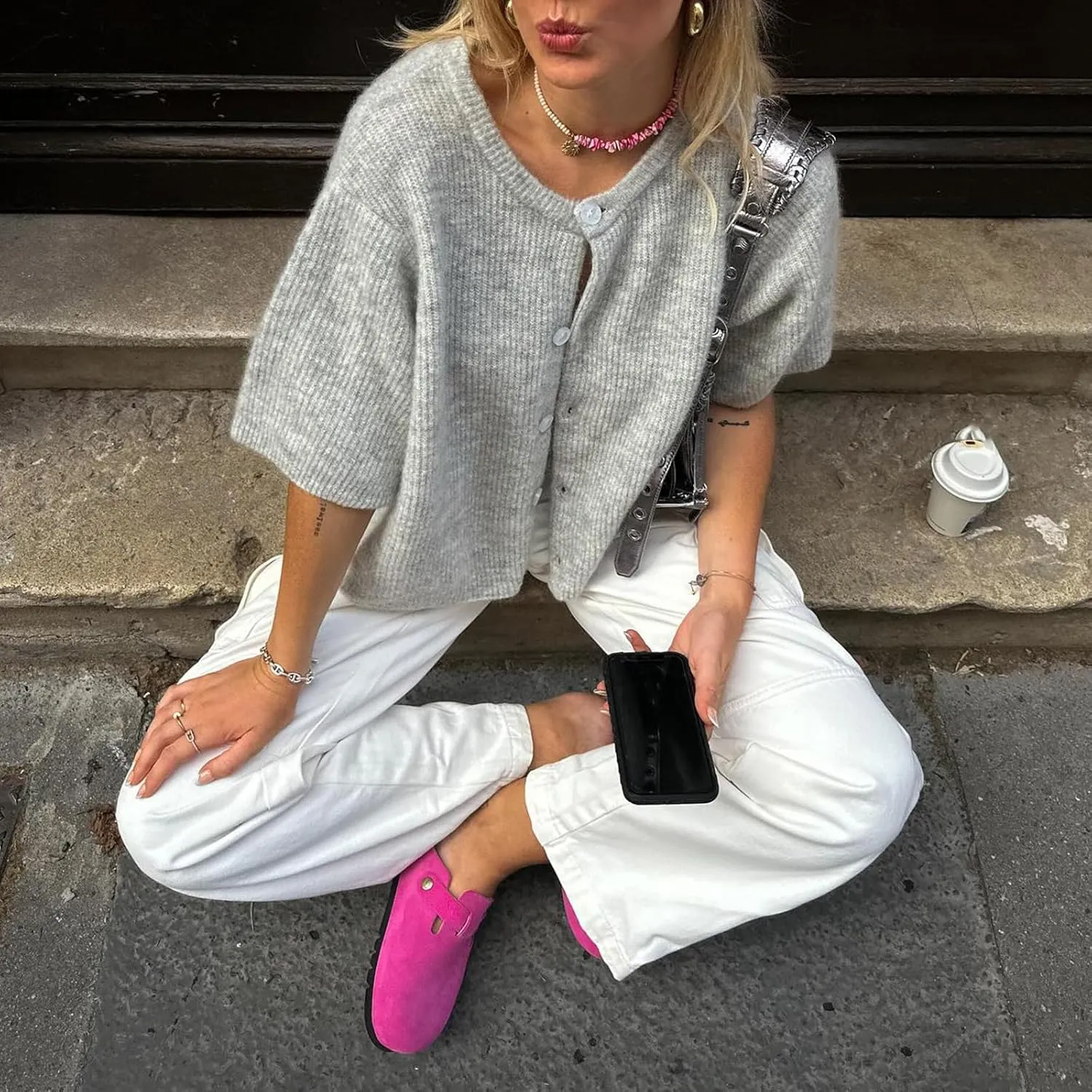 Women Y2K Knit Cardigan Short Sleeve Crewneck Solid Color Button Down Tops Casual Going Out Sweater Streetwear