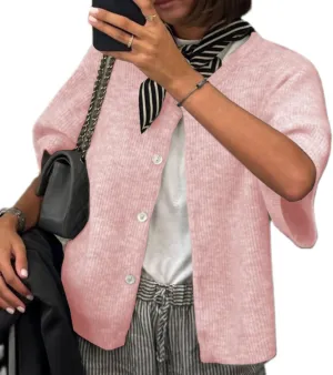 Women Y2K Knit Cardigan Short Sleeve Crewneck Solid Color Button Down Tops Casual Going Out Sweater Streetwear