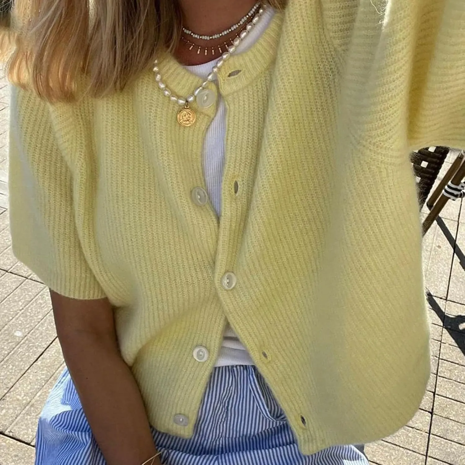 Women Y2K Knit Cardigan Short Sleeve Crewneck Solid Color Button Down Tops Casual Going Out Sweater Streetwear