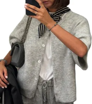 Women Y2K Knit Cardigan Short Sleeve Crewneck Solid Color Button Down Tops Casual Going Out Sweater Streetwear