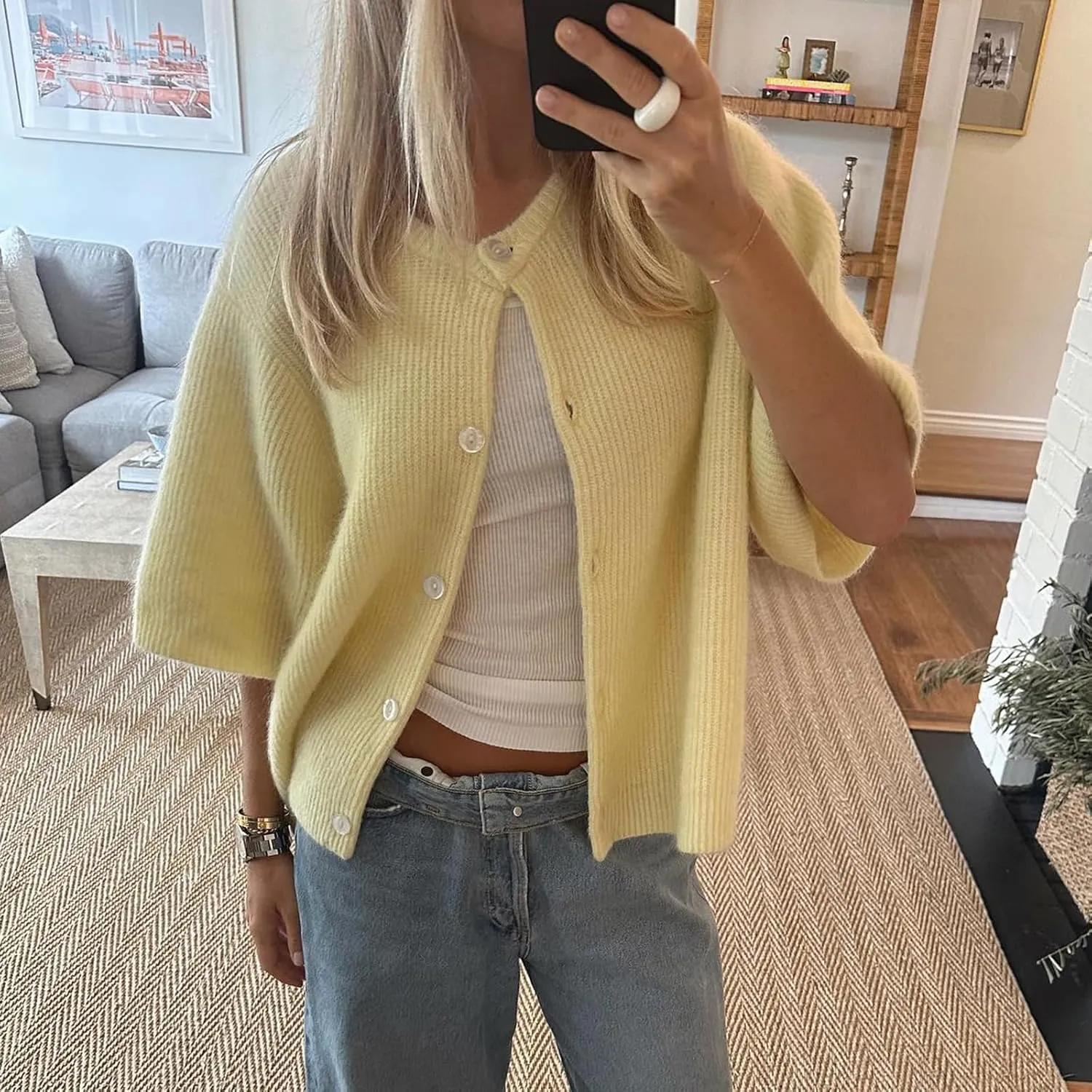 Women Y2K Knit Cardigan Short Sleeve Crewneck Solid Color Button Down Tops Casual Going Out Sweater Streetwear