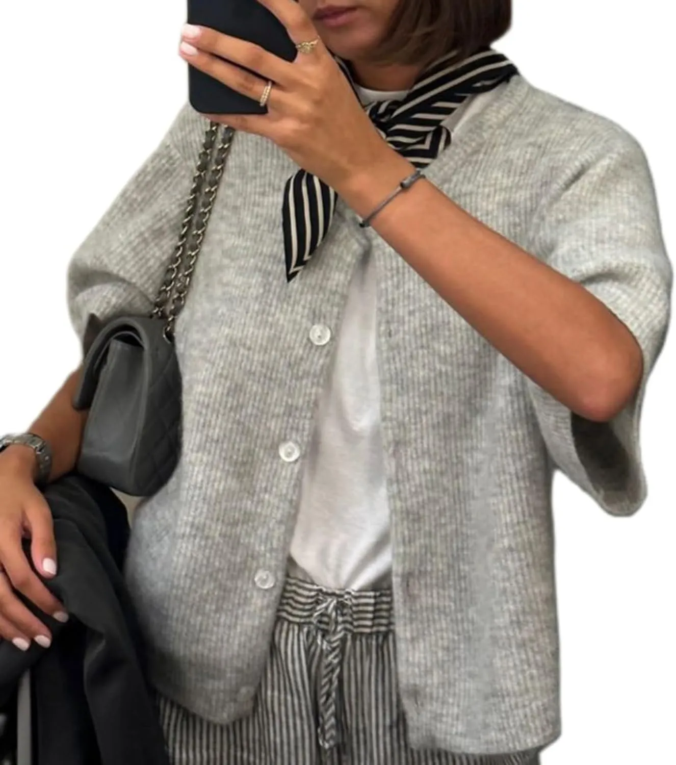 Women Y2K Knit Cardigan Short Sleeve Crewneck Solid Color Button Down Tops Casual Going Out Sweater Streetwear