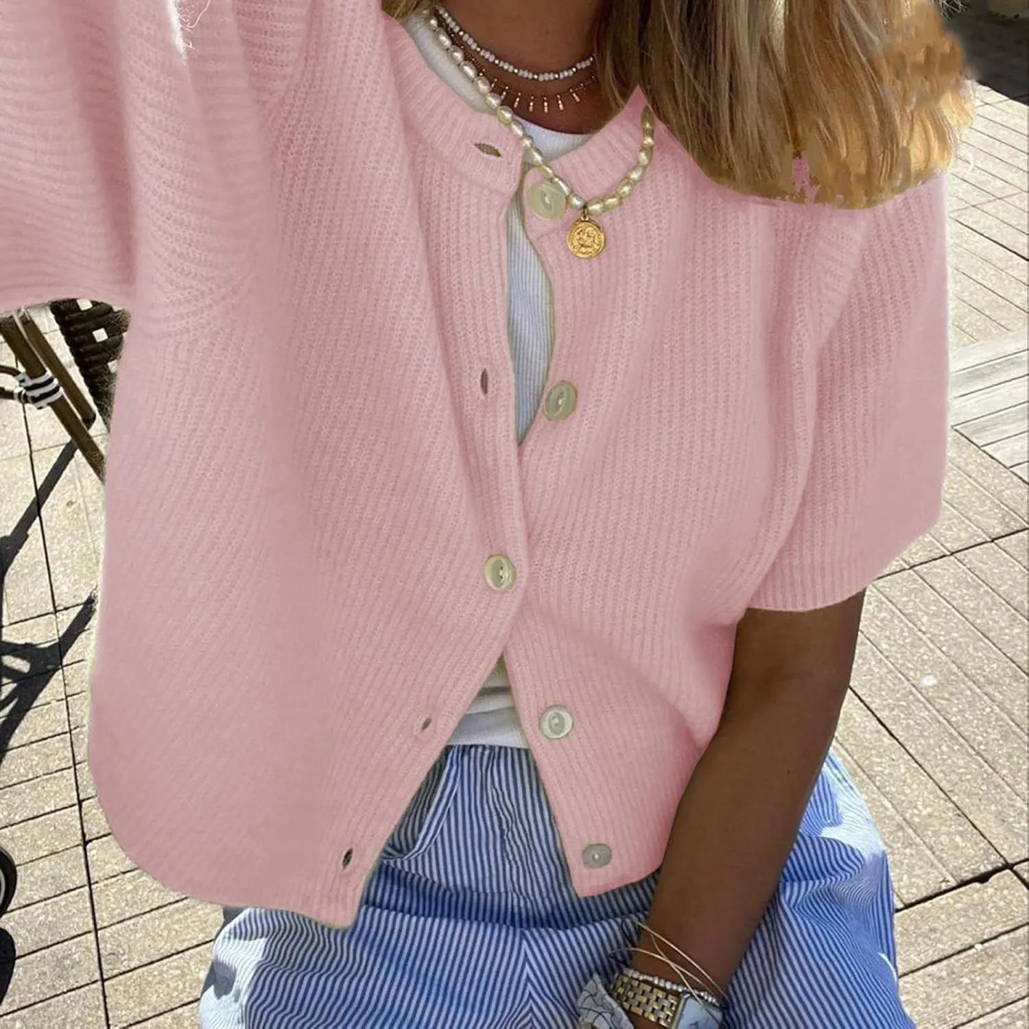 Women Y2K Knit Cardigan Short Sleeve Crewneck Solid Color Button Down Tops Casual Going Out Sweater Streetwear