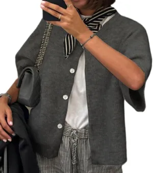 Women Y2K Knit Cardigan Short Sleeve Crewneck Solid Color Button Down Tops Casual Going Out Sweater Streetwear