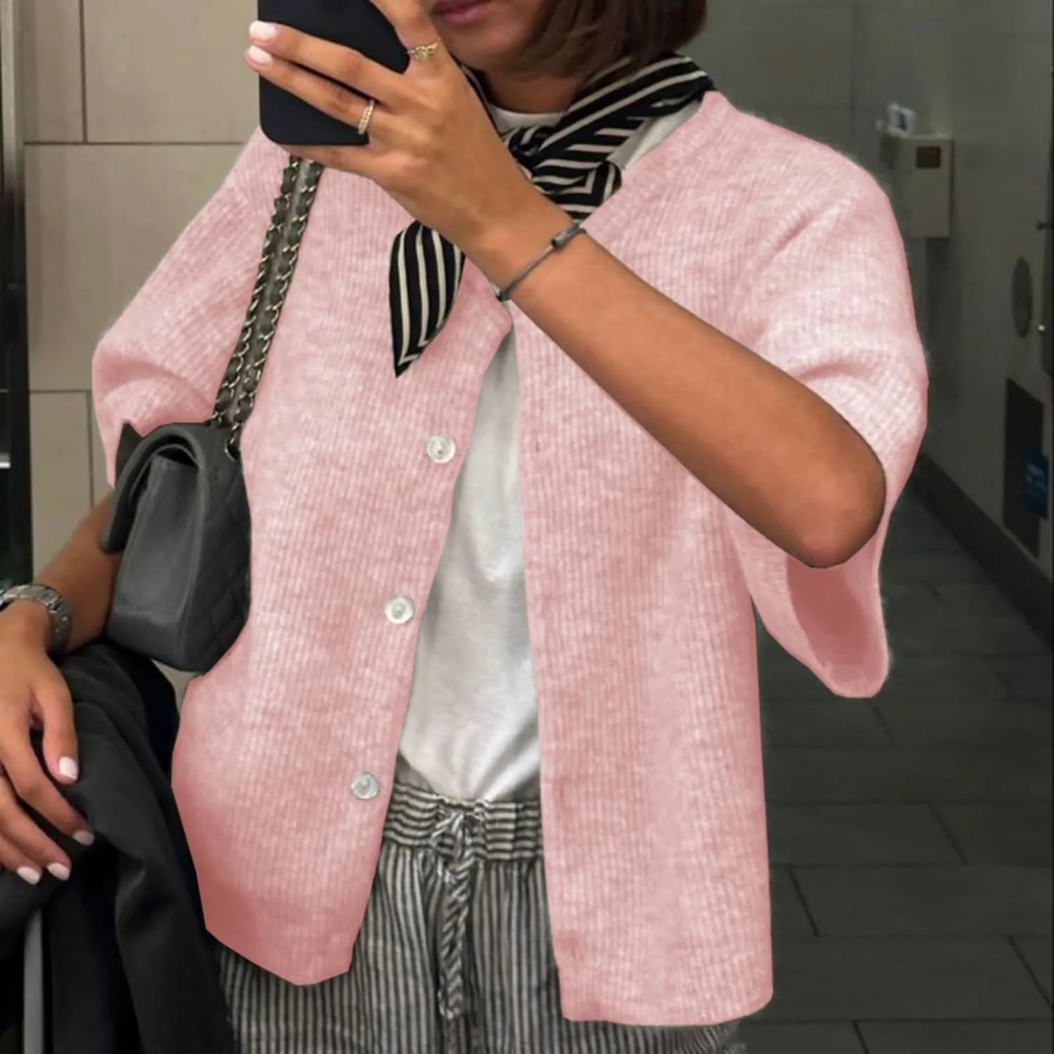 Women Y2K Knit Cardigan Short Sleeve Crewneck Solid Color Button Down Tops Casual Going Out Sweater Streetwear
