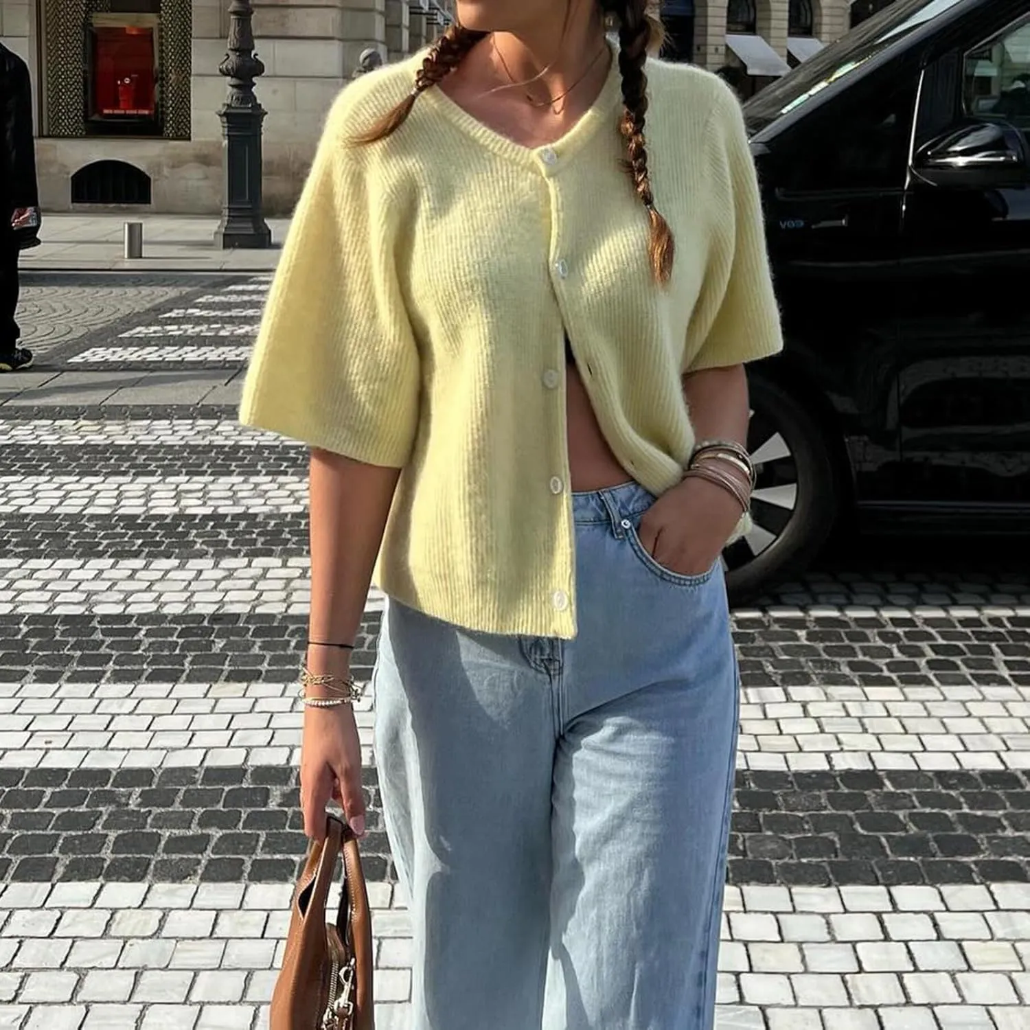 Women Y2K Knit Cardigan Short Sleeve Crewneck Solid Color Button Down Tops Casual Going Out Sweater Streetwear