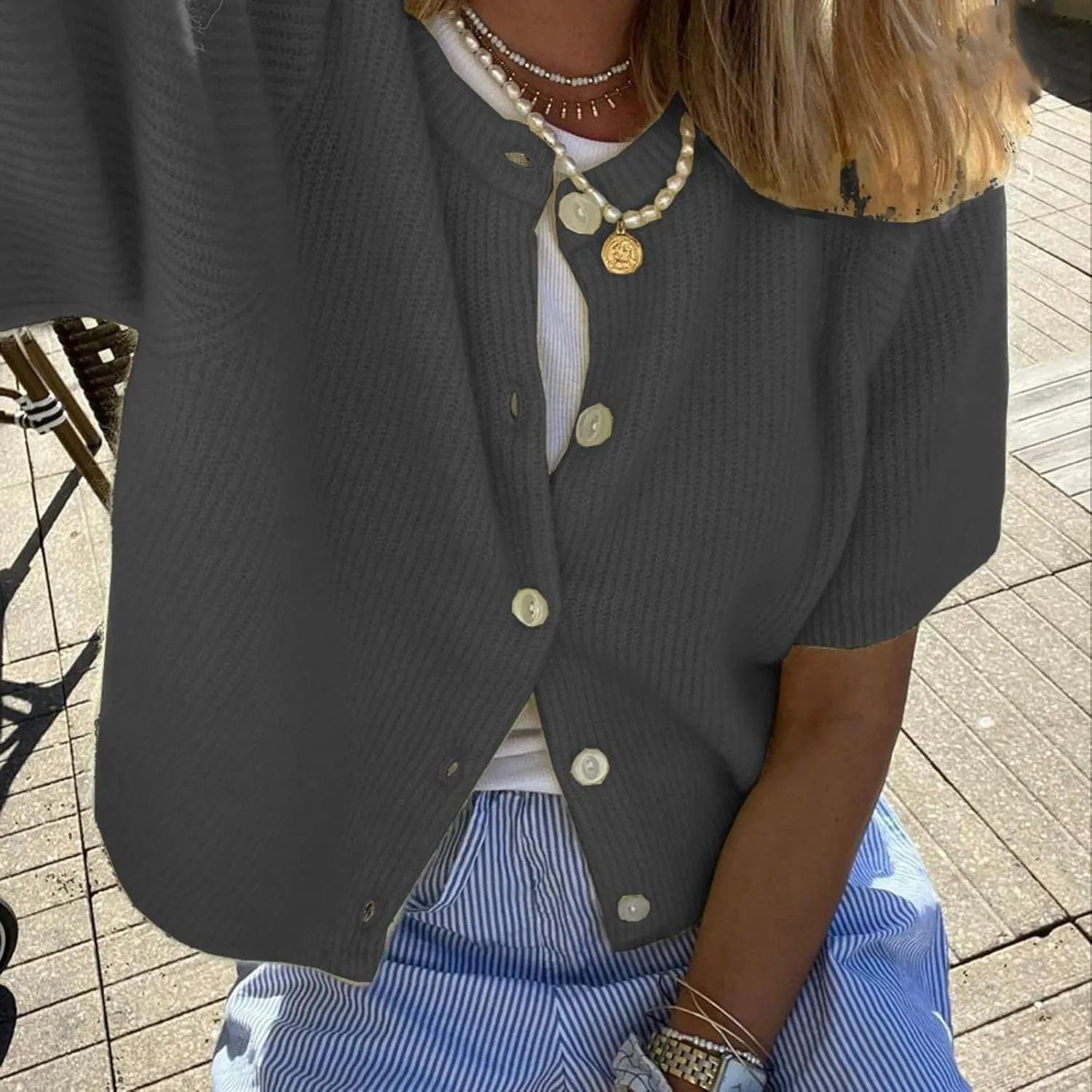 Women Y2K Knit Cardigan Short Sleeve Crewneck Solid Color Button Down Tops Casual Going Out Sweater Streetwear