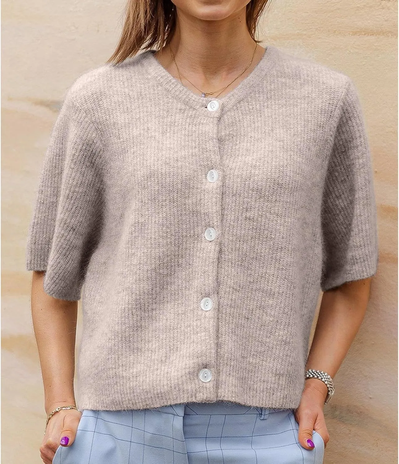 Women Y2K Knit Cardigan Short Sleeve Crewneck Solid Color Button Down Tops Casual Going Out Sweater Streetwear