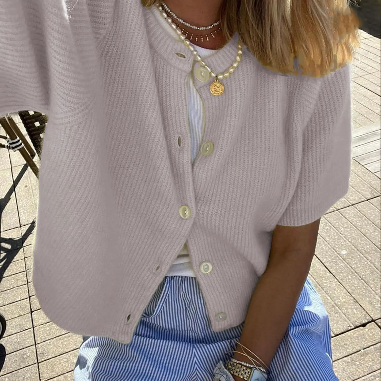 Women Y2K Knit Cardigan Short Sleeve Crewneck Solid Color Button Down Tops Casual Going Out Sweater Streetwear