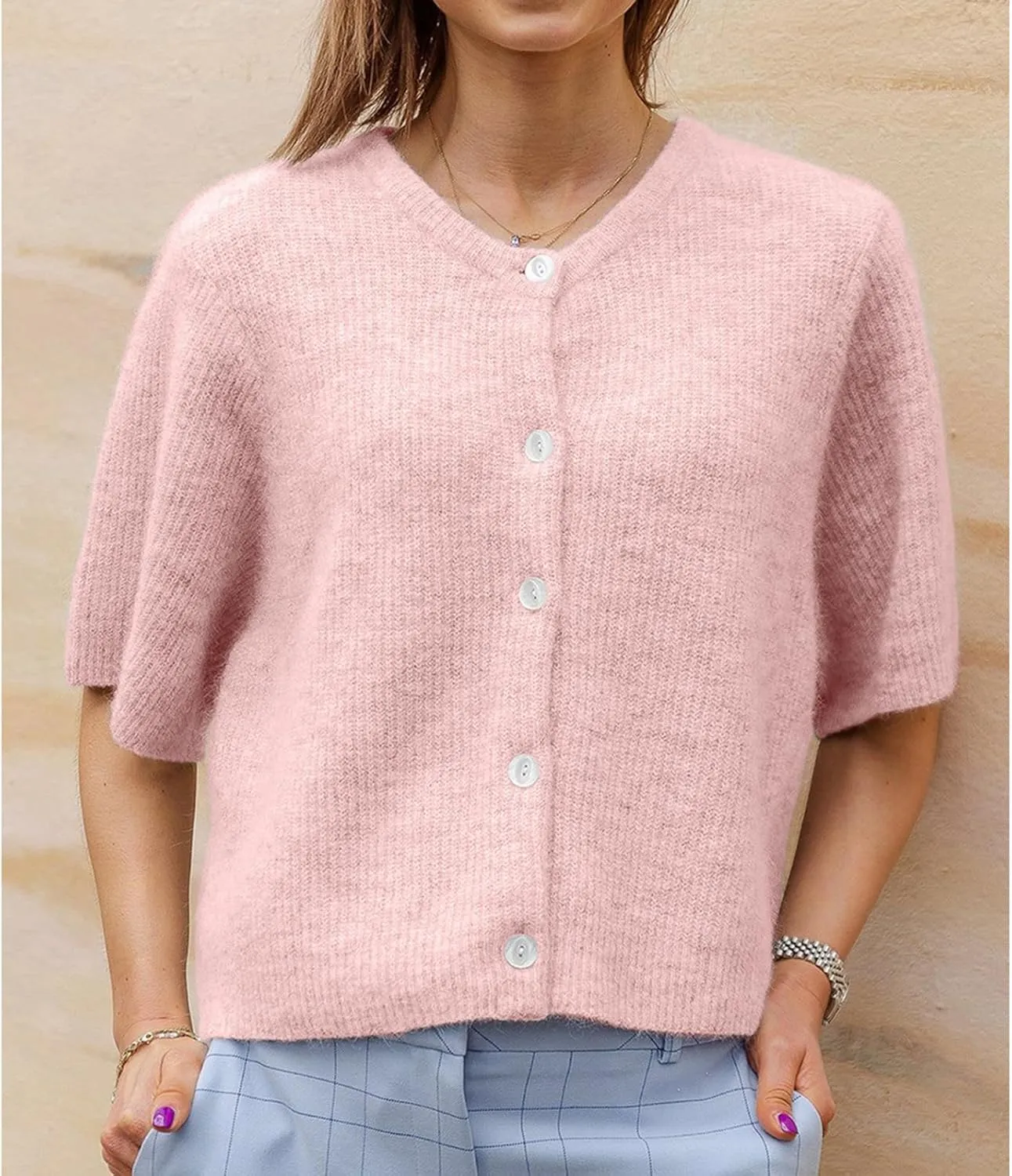 Women Y2K Knit Cardigan Short Sleeve Crewneck Solid Color Button Down Tops Casual Going Out Sweater Streetwear