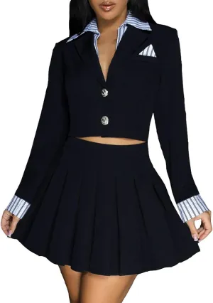 Womens 2 Piece Outfits Casual Cropped Blazer Jacket and High Waist Pleated Mini Skirt Sets Fashion Suit Set