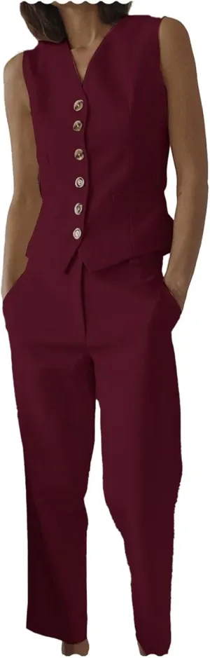 Women's 2 Piece Pant Suit V Neck Waistcoat Slim Fit Vest Summer Set