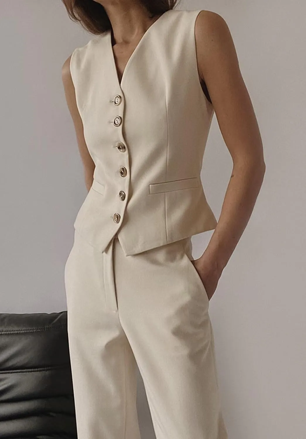 Women's 2 Piece Pant Suit V Neck Waistcoat Slim Fit Vest Summer Set
