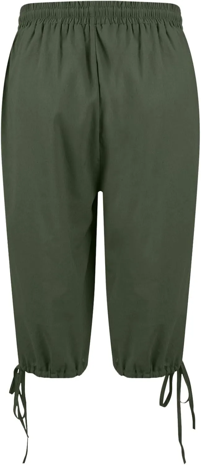 Womens Bermuda Shorts Cotton Linen Knee Length Elastic Waist Drawstring Capris Loose Beach Shorts with Pockets