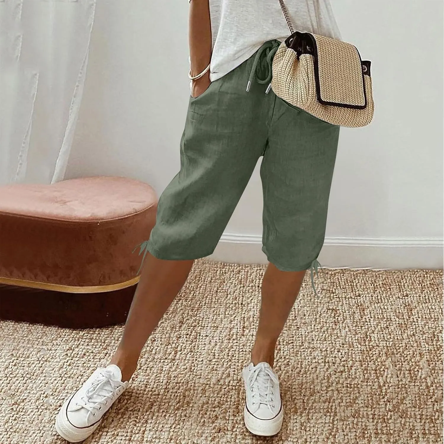 Womens Bermuda Shorts Cotton Linen Knee Length Elastic Waist Drawstring Capris Loose Beach Shorts with Pockets