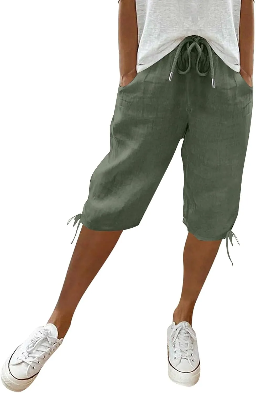 Womens Bermuda Shorts Cotton Linen Knee Length Elastic Waist Drawstring Capris Loose Beach Shorts with Pockets