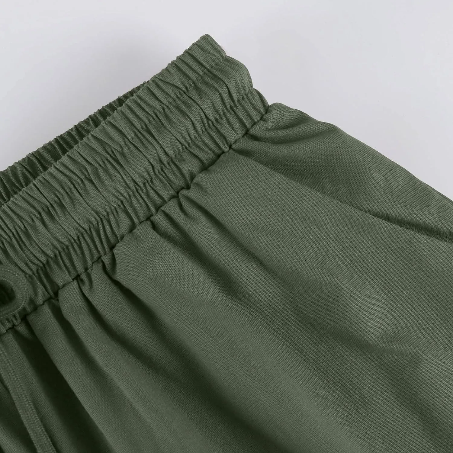 Womens Bermuda Shorts Cotton Linen Knee Length Elastic Waist Drawstring Capris Loose Beach Shorts with Pockets