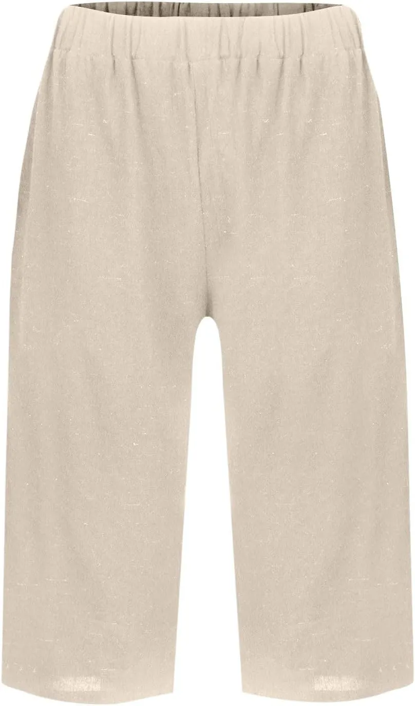 Women's Bermuda Shorts Cotton Linen Knee Length Shorts Casual Loose Lightweight Summer Beach Pants with Pockets