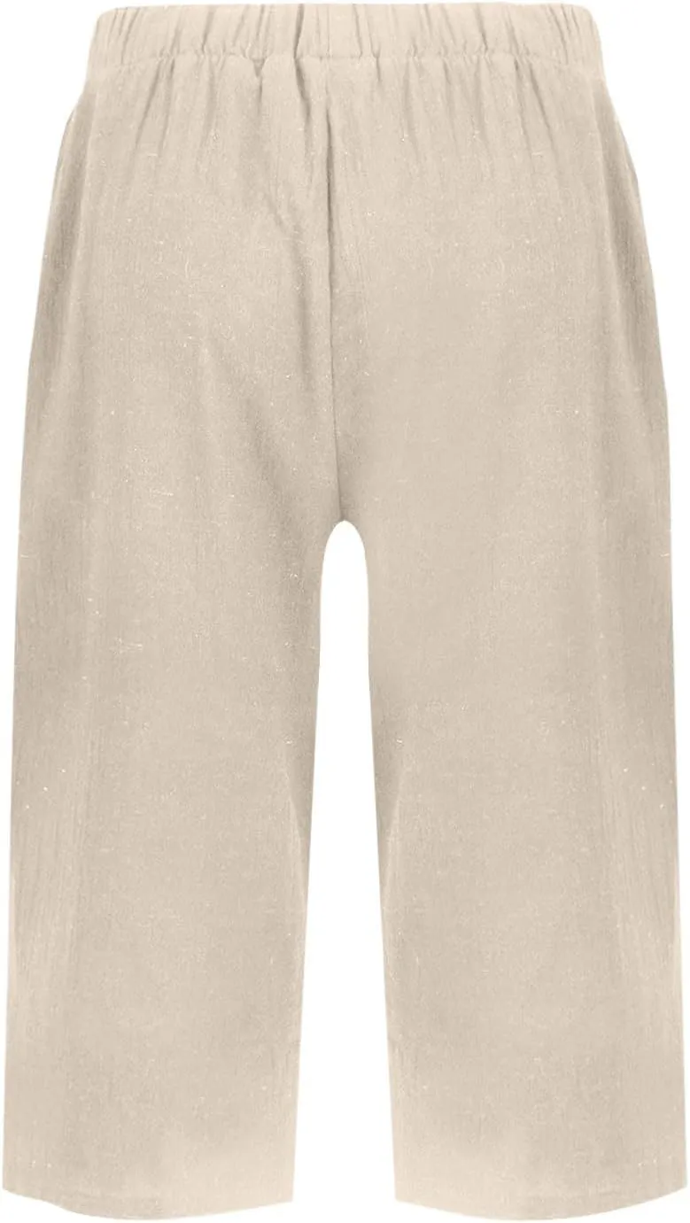 Women's Bermuda Shorts Cotton Linen Knee Length Shorts Casual Loose Lightweight Summer Beach Pants with Pockets
