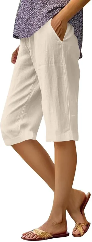 Women's Bermuda Shorts Cotton Linen Knee Length Shorts Casual Loose Lightweight Summer Beach Pants with Pockets