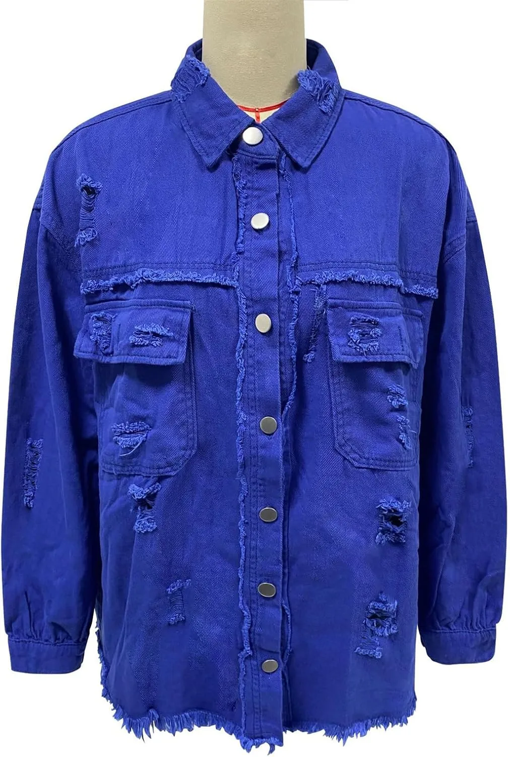 Women's Button Down Oversized Denim Jackets Ripped Frayed Shacket Jean Coat Distressed Shirts with Pockets