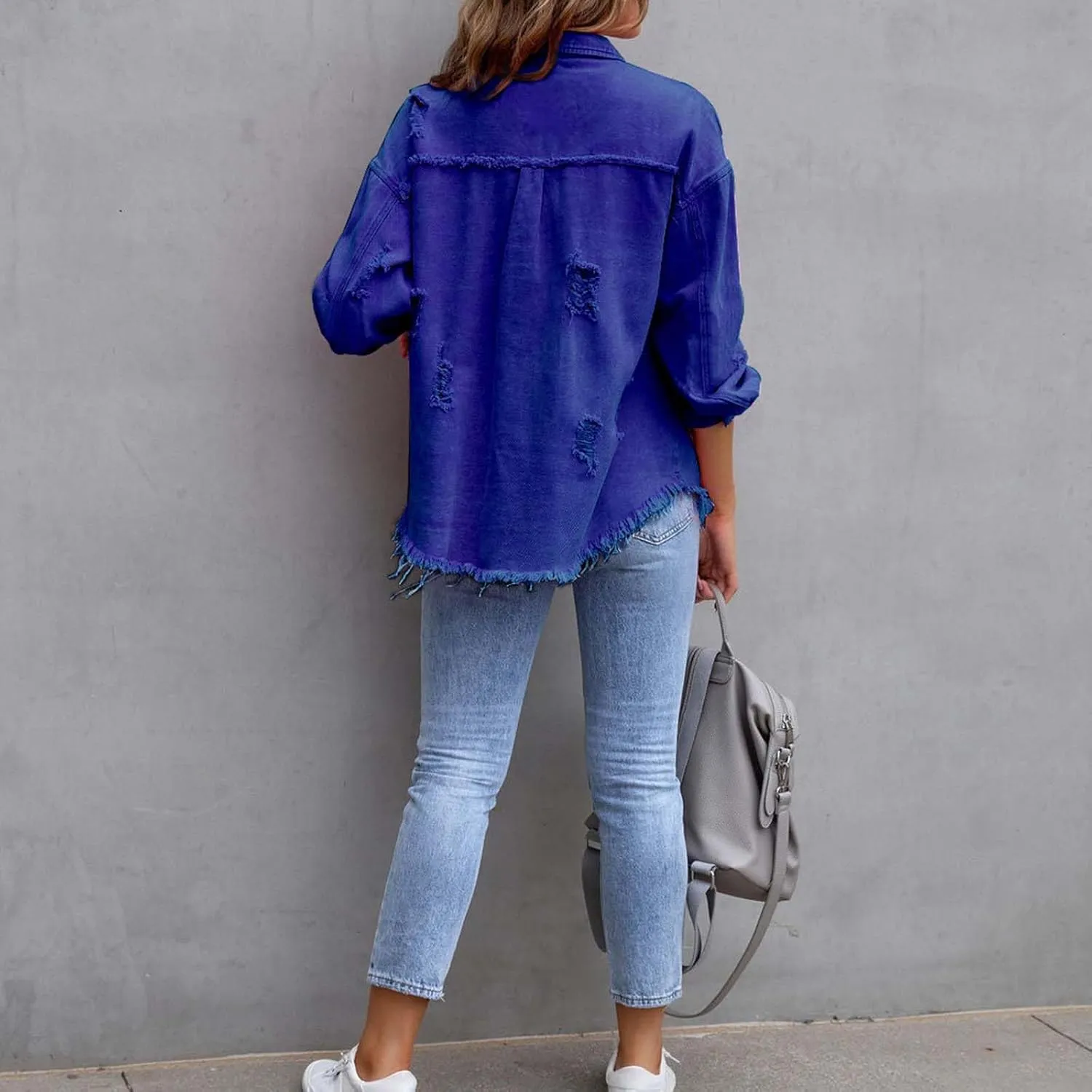 Women's Button Down Oversized Denim Jackets Ripped Frayed Shacket Jean Coat Distressed Shirts with Pockets