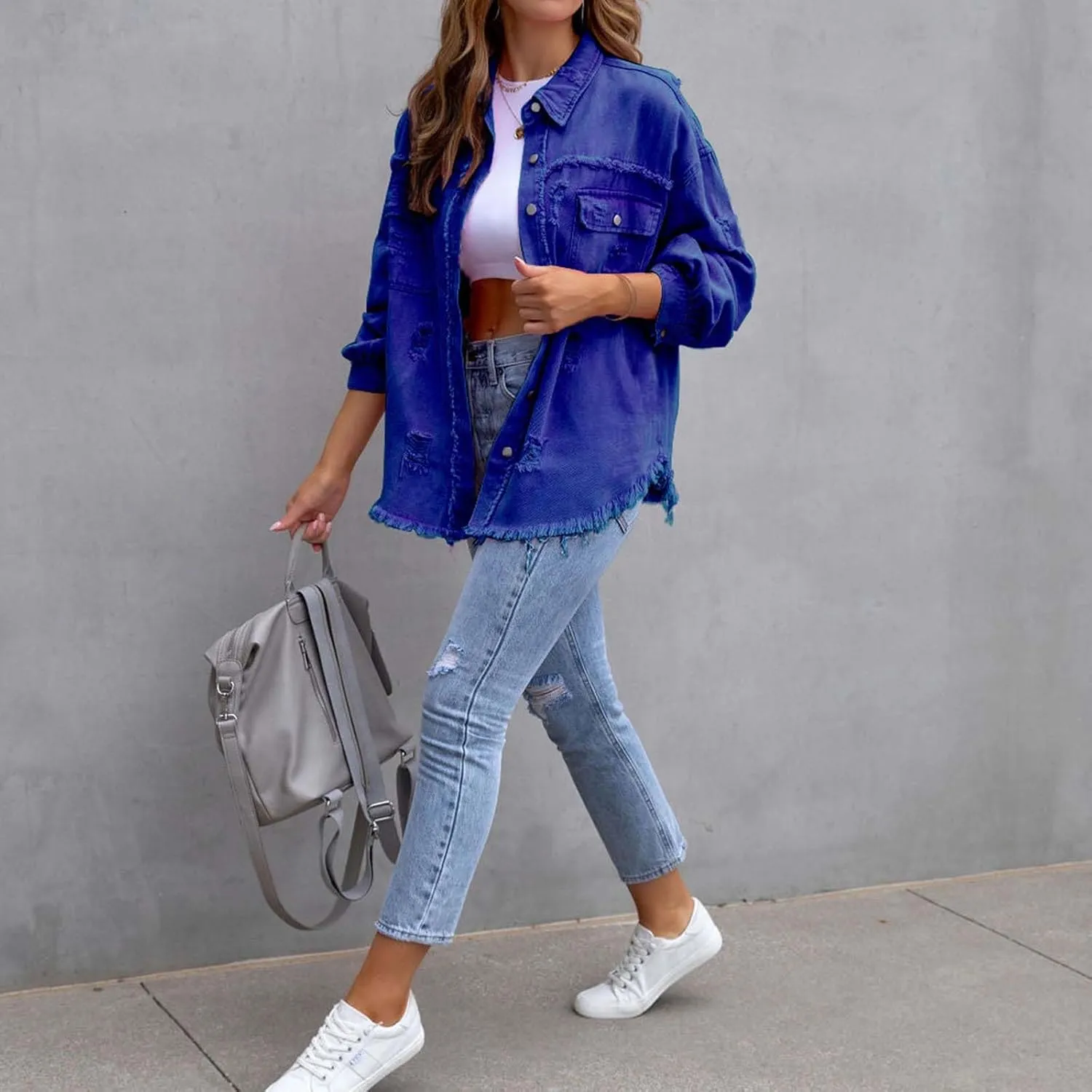 Women's Button Down Oversized Denim Jackets Ripped Frayed Shacket Jean Coat Distressed Shirts with Pockets
