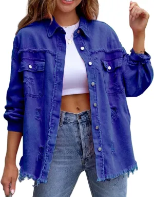 Women's Button Down Oversized Denim Jackets Ripped Frayed Shacket Jean Coat Distressed Shirts with Pockets