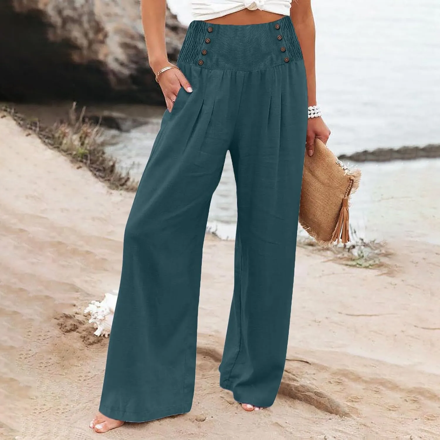 Womens Button Elastic Waisted Linen Trousers Summer Solid Color Casual with Pockets Outing Capris Length Pants 2025