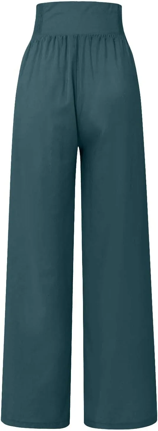 Womens Button Elastic Waisted Linen Trousers Summer Solid Color Casual with Pockets Outing Capris Length Pants 2025