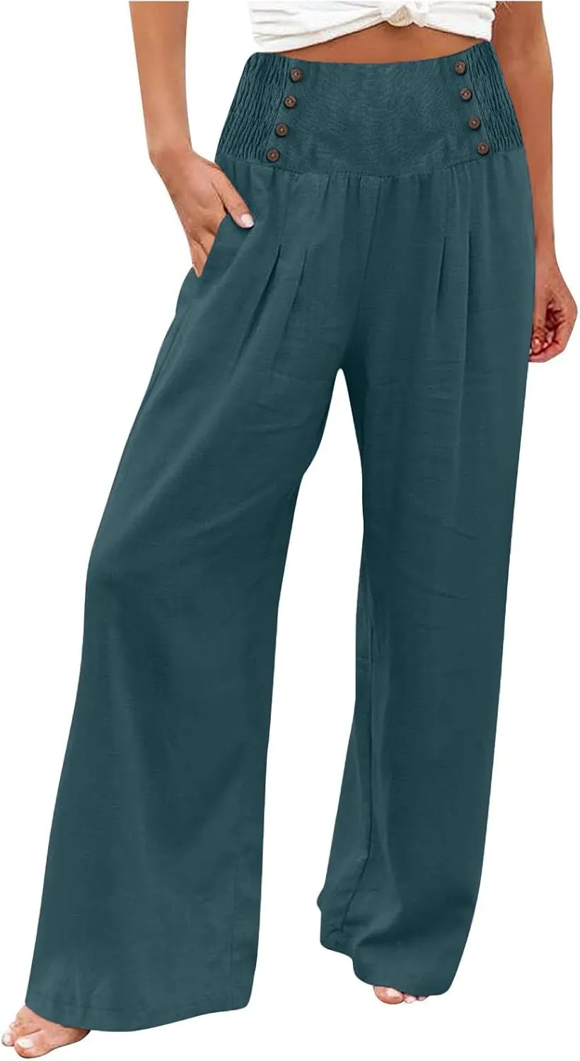 Womens Button Elastic Waisted Linen Trousers Summer Solid Color Casual with Pockets Outing Capris Length Pants 2025