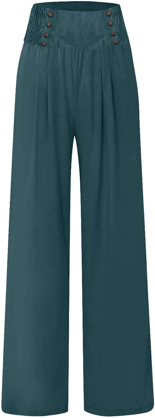 Womens Button Elastic Waisted Linen Trousers Summer Solid Color Casual with Pockets Outing Capris Length Pants 2025